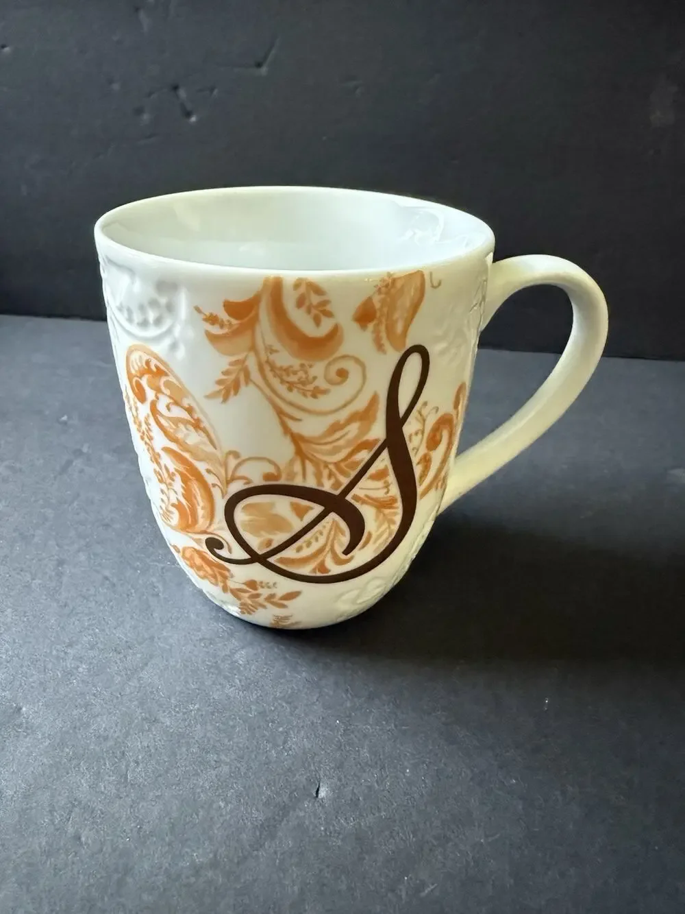 Pier One Ava Ceramic Mug Embossed Initial Letter (S) Porcelain Coffee Tea